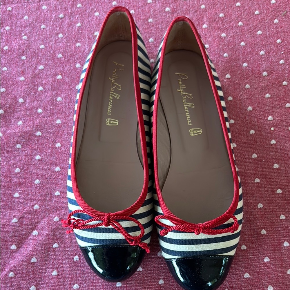 Navy and White Striped Ballet Flats with Red Trim size 38.5